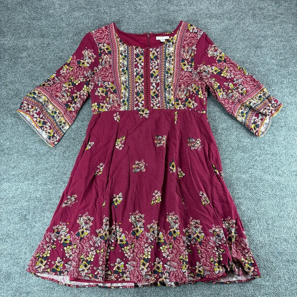 EST. 1946 Burgundy Floral Boho Mini Dress Bell Sleeve Crochet M Wedding Guest